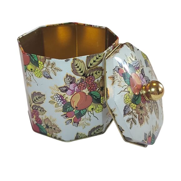 Containers Made In England Octagonal Tin With Knobbed Lid Fruit And Leaves 4.5" - Picture 1 of 6